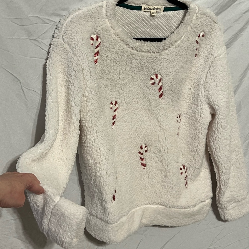 Sz XL Cream Sherpa Christmas Holiday Glitter Candy Canes